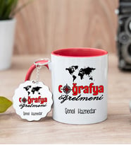 Coğrafya Öğretmeni Kırmızı Kupa Bardak Ve Anahtarlık Set