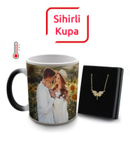 Romantik Kalpli Kişiye Özel Fotoğraflı Sihirli Kupa & Gold Renk Melek Kolye Hediye Seti