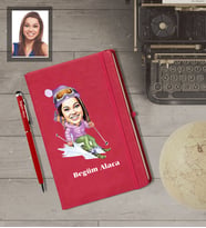 Kişiye Özel Sporcu Karikatürlü  Kırmızı Defter Kalem Hediye Seti Bayan-5