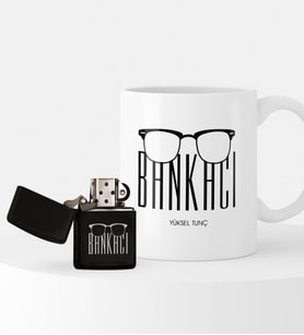 BK Gift Kişiye Özel Bankacı Temalı Çakmak ve Kupa Seti - 10