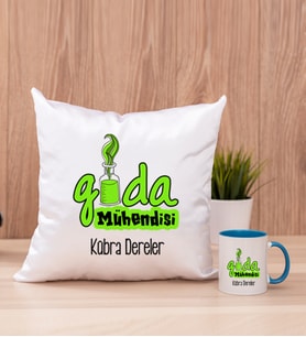Gıda Mühendisi Kare Yastık ve Mavi Kupa Bardak