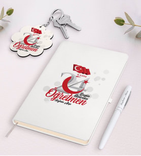 BK Gift Kişiye Özel Bugün Günlerden Öğretmen Beyaz Defter Kalem Ve Anahtarlık Hediye Seti-2 (Model 1)