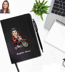 Kişiye Özel Bayan Karikatürlü Siyah Defter Kalem Hediye Seti Model-5