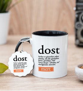 Dost Kelime Anlamı Siyah Kupa Bardak Ve Anahtarlık Set