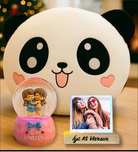 Kişiye Özel Fotoğraflı Panda Yastık & Best Friends Arkadaşa Hediye Işıklı Kar Küresi