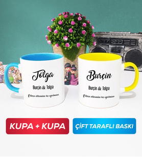 İkili Sevgiliye Hediye İsme Özel Sevgililer Günü Hediyesi Kupa Bardak Mavi Sarı
