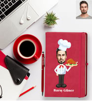 Kişiye Özel Aşçı Karikatürlü Kırmızı Defter Kalem Hediye Seti Bay-2