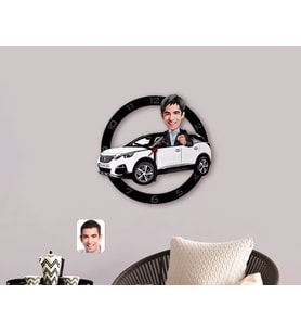 BK Gift Kişiye Özel Plakalı Erkek Peugeot 5008 Karikatürlü Ahşap Duvar Saati-1 (Beyaz)