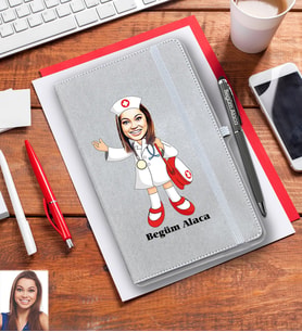 Kişiye Özel Hemşire Karikatürlü Gri Defter Kalem Hediye Seti Bayan-1