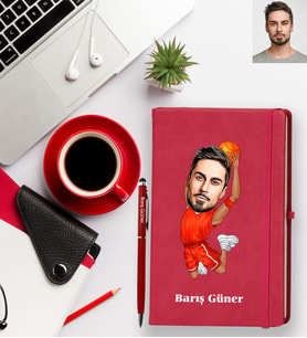 Kişiye Özel Basketbolcu Karikatürlü Kırmızı Defter Kalem Hediye Seti Bay-1
