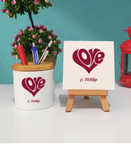 Sevgiliye Hediye Love Tasarımlı Sevgili Kalemlik ve Dekoratif Taş Baskı Hediye Seti