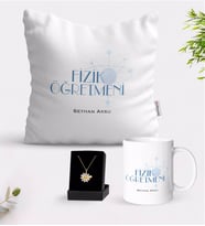 BK Gift Kişiye Özel Fizik Öğretmeni Beyaz Kupa Yastık ve İsimli Papatya Kolye Hediye Seti-1 (Model 1)