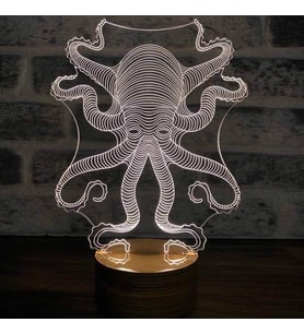 3 Boyutlu Ahtapot Led Masa Lambası Ahşap Taban