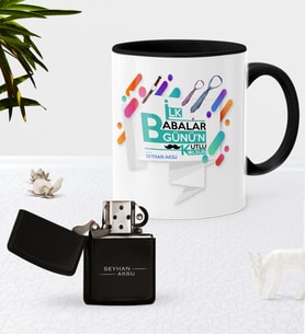 BK Gift Kişiye Özel İlk Babalar Günün Kutlu Olsun Siyah Kupa Bardak Benzinli Çakmak Seti-6 (Model 1)