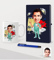 BK Gift Kişiye Özel Hemşire Karikatürlü Lacivert Defter Kalem Kupa Seti - 2 (Model 1)