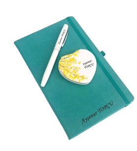 İsme Kişiye Özel Turkuaz Defter Ayna ve Roller Kalem Seti