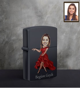 Kişiye Özel Bayan Karikatürlü UV Baskılı Siyah Benzinli Çakmak Model-9
