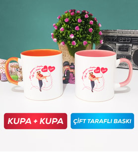 İkili Sevgiliye Sevgililer Günü Hediyesi 2 Kupa Bardak Turuncu Pembe