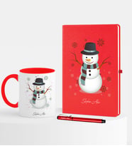 BK Gift Kişiye Özel Yılbaşı Kardan Adam Temalı Kırmızı Defter Kalem Kupa Seti - 1