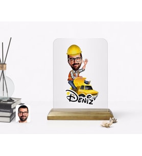 BK Gift Kişiye Özel Erkek Yol Mühendisi Karikatürlü Ahşap Standlı Çerçeve (Beyaz)