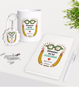 BK Gift Kişiye Özel Dünyanın En İyi Öğretmeni Kupa Anahtarlık Beyaz Defter Kalem Hediye Seti-22 (Model 1)