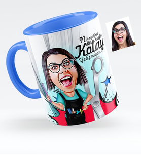 BK Gift Kişiye Özel Bayan Kuaför Karikatürlü Mavi Kupa Bardak  1