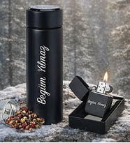Kişiye Özel İsime Özel Süzgeçli Mat Siyah Çelik Termos & İsme Özel Çakmak Premium Set