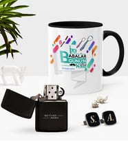 BK Gift Kişiye Özel İlk Babalar Günün Kutlu Olsun Siyah Kupa Çakmak Kol Düğmesi Seti-6 (Model 1)