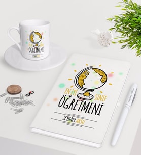 BK Gift Kişiye Özel En İyi Sınıf Öğretmeni Beyaz Defter Kalem Türk Kahvesi Fincanı Seti-4 (Model 1)