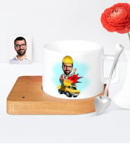 BK Gift Kişiye Özel Bay Yol Mühendisi Karikatür Ahşap Altlıklı Seramik Fincan  1