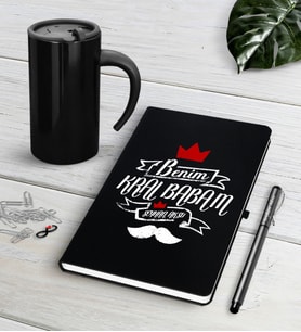 BK Gift Kişiye Özel Benim Kral Babam Siyah Defter Kalem Termos Mug Seti (Model 1)
