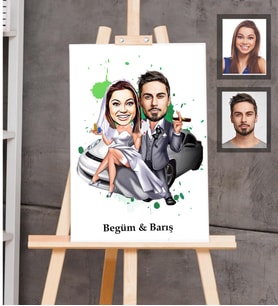 Kişiye Özel Gelin Damat Karikatürlü Ahşap Tablo 30x47  Mod-2