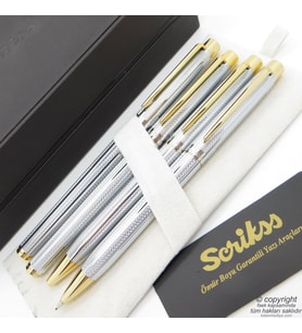 Scrikss 722W 4'lü Set Gold Krom  Dolma Kalem + Roller Kalem + Tükenmez Kalem + Versatil Kalem Seti  Scrikss Venüs  İsme Özel Kalem  Hediyelik Kalem