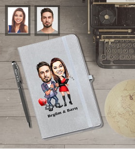 Kişiye Özel Sevgili Karikatürlü Gri Defter Kalem Hediye Seti  Model 5