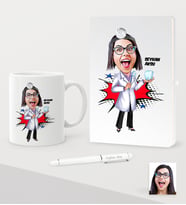 BK Gift Kişiye Özel Bayan Diş Hekimi Karikatürlü Beyaz Defter Kalem Kupa Seti - 2 (Model 1)