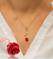 925 Ayar Gümüş Kırmızı Gül Kolye Rose Altın Kaplama
