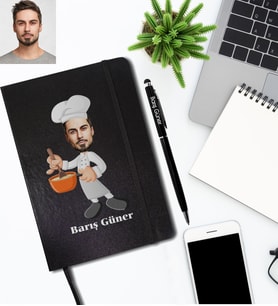 Kişiye Özel Aşçı Karikatürlü Siyah Defter Kalem Hediye Seti Bay-1