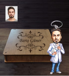 Kişiye Özel Doktor Karikatürlü Ahşap Anahtarlık Kutulu Bay-3