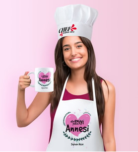 BK Gift Kişiye Özel Dünyanın En İyi Annesi Mutfak Önlüğü Aşçı Şapkası ve Kupa Seti - 11 (Beyaz)