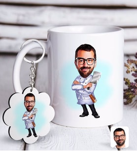 BK Gift Kişiye Özel Erkek Kasap Karikatürlü Beyaz Kupa ve Anahtarlık Hediye Seti-1 (Model 1)