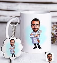 BK Gift Kişiye Özel Erkek Kasap Karikatürlü Beyaz Kupa ve Anahtarlık Hediye Seti-1 (Model 1)