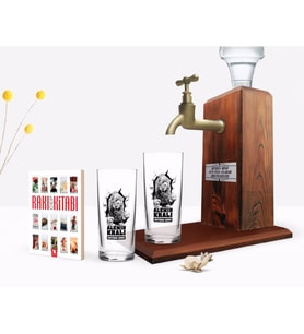 BK Gift Kişiye Özel Renkli Baskılı Alemin Kralı Tasarımlı İkili Rakı Bardağı Ahşap Rakı Standı ve Cep Kitabı Hediye Seti-1 (Model 1)