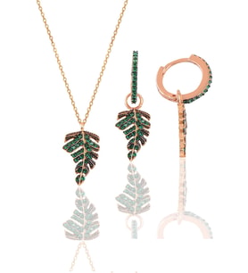 Söğütlü Silver Gümüş rose yeşil taşlı yaprak kolye ve küpe seti