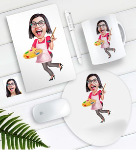 BK Gift Kişiye Özel Bayan Ressam Karikatürlü Defter Kalem Kupa Mouse Pad Seti (Model 1)