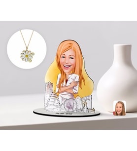 BK Gift Kişiye Özel Kadın Mimar Karikatürlü 3D Ahşap Biblo ve İsimli Tarihli Papatya Kolye Seti-1 (Model 1)