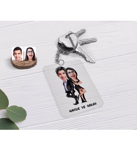 BK Gift Kişiye Özel Sevgililer Karikatürlü Şeffaf Pleksi Anahtarlık-6 (Beyaz)