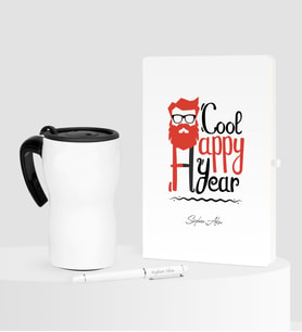 BK Gift Kişiye Özel Yılbaşı Noel Baba Temalı Beyaz Defter Kalem Termos Mug Seti - 3