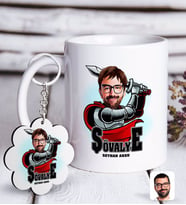 BK Gift Kişiye Özel Şövalye Karikatürlü Beyaz Kupa ve Anahtarlık Hediye Seti-1 (Model 1)