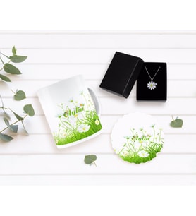 BK Gift Kişiye Özel Papatya Temalı Kupa Bardak Altlığı ve İsimli Silver Papatya Kolye Seti-6 (Model 1)