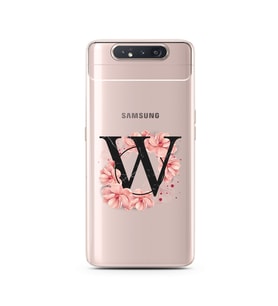 Pembe Çiçekli Harf Tasarım Süper Şeffaf Silikon Telefon Kılıfı Samsung A80 W-Har